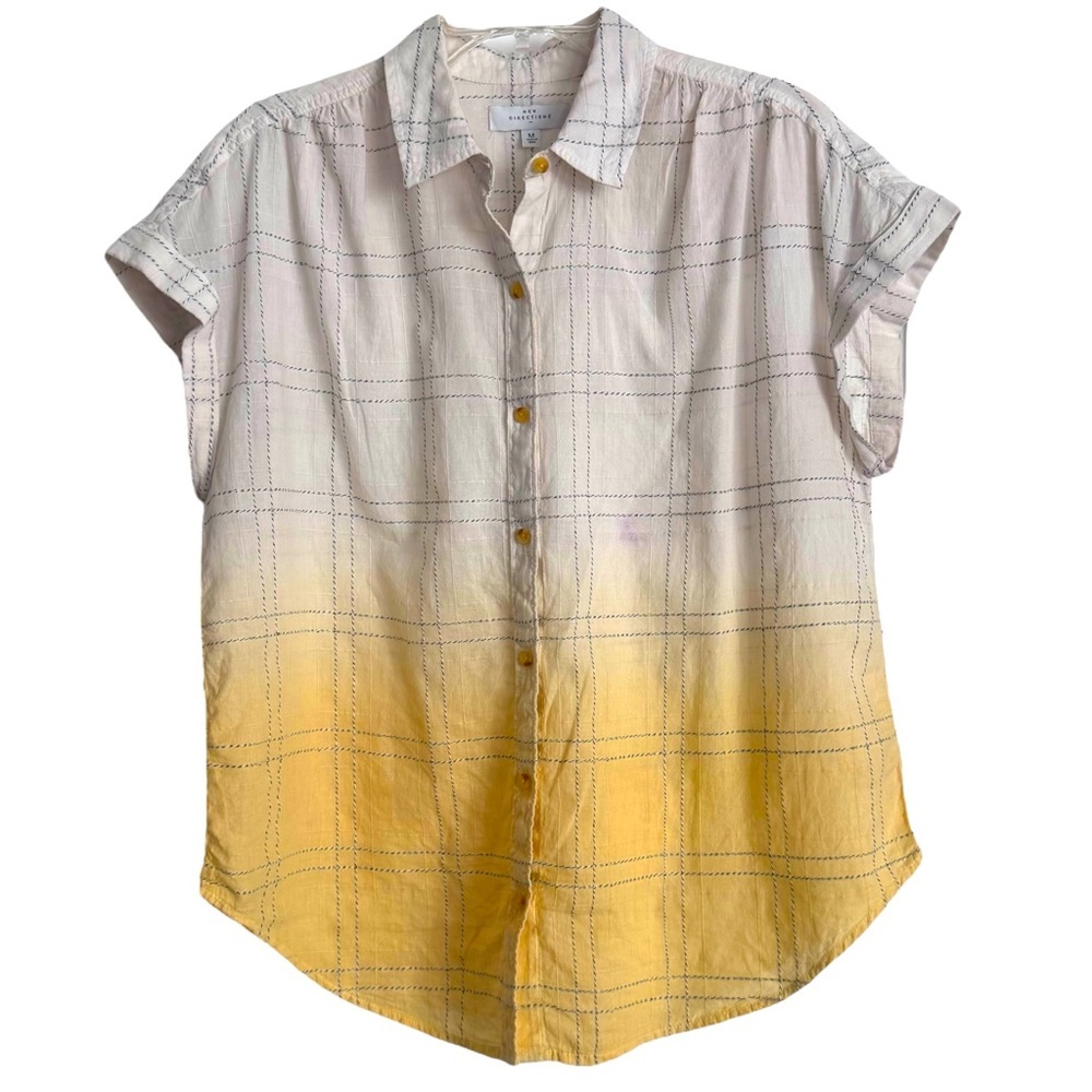 New Directions Size M White/Yellow Gradient Dip Dye Buttondown Shirt Cotton-Poly